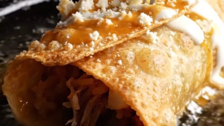 Crispy birria chimichanga on a plate, smothered in red consomé with crema and cotija