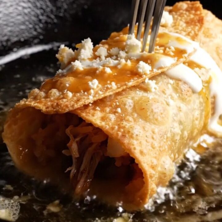 Crispy birria chimichanga on a plate, smothered in red consomé with crema and cotija