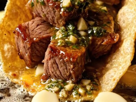Garlic butter steak bite tacos with chimichurri drizzled over cheese-crusted tortillas