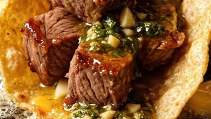 Garlic butter steak bite tacos with chimichurri drizzled over cheese-crusted tortillas