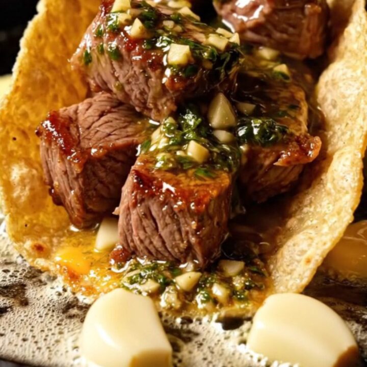 Garlic butter steak bite tacos with chimichurri drizzled over cheese-crusted tortillas