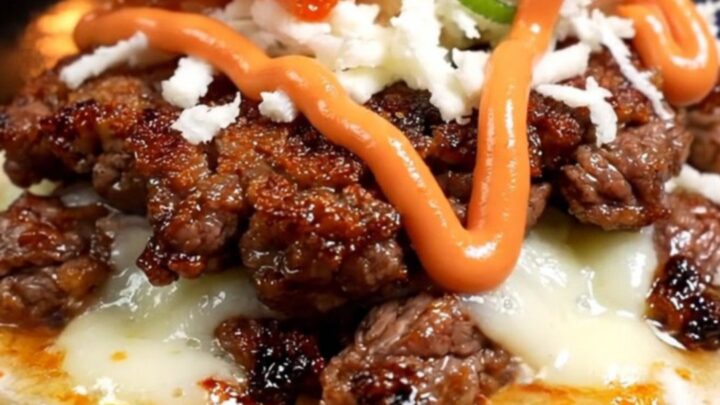 Korean bulgogi smash taco with dark caramelized beef crust, melted mozzarella, red kimchi