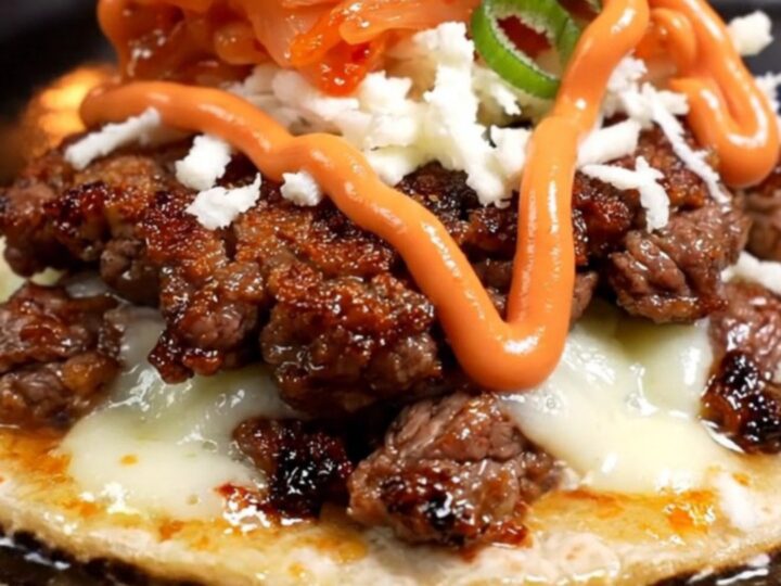 Korean bulgogi smash taco with dark caramelized beef crust, melted mozzarella, red kimchi