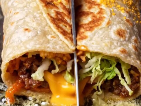 Doritos crunchwrap supreme sliced in half showing orange chip layer, molten queso and seasoned beef