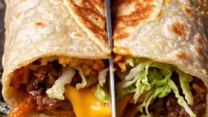 Doritos crunchwrap supreme sliced in half showing orange chip layer, molten queso and seasoned beef