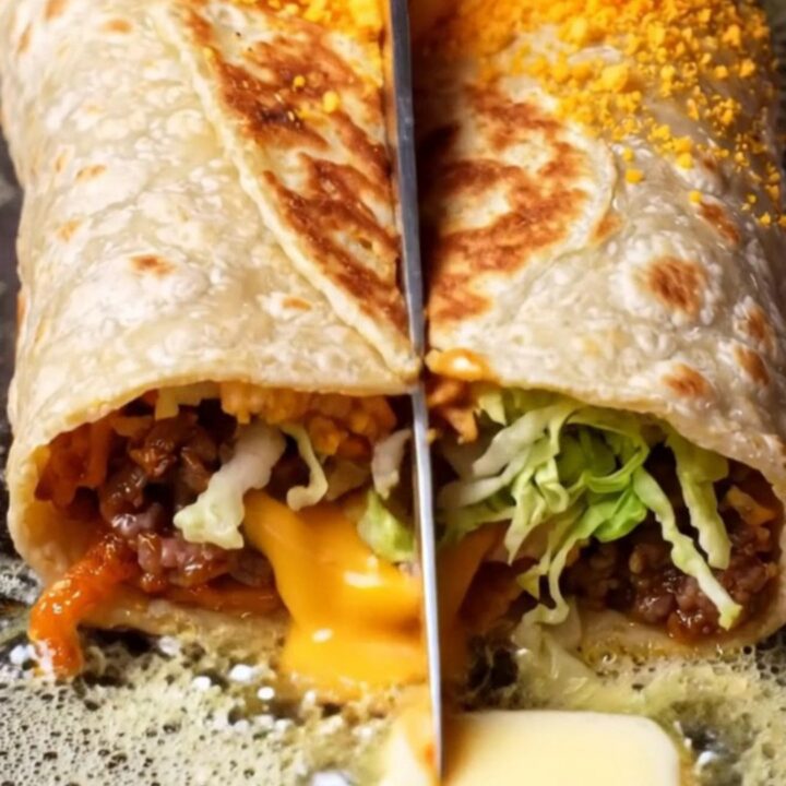 Doritos crunchwrap supreme sliced in half showing orange chip layer, molten queso and seasoned beef
