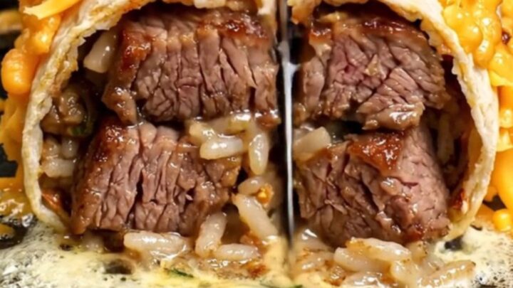 Cheese-crusted surf and turf burrito sliced in half, showing ribeye, Cajun shrimp, rice and beans inside a golden frico shell