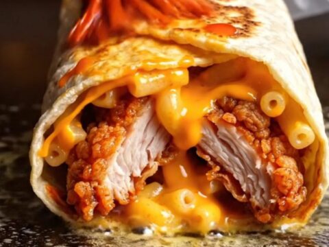 Nashville hot chicken mac and cheese burrito sliced open, stretching cheddar mac around crispy cayenne chicken