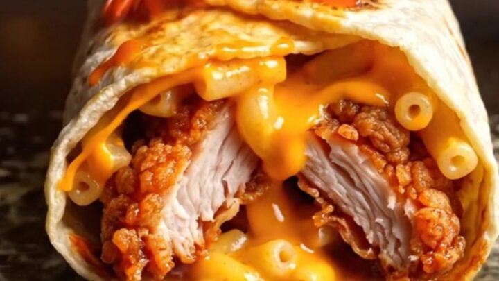 Nashville hot chicken mac and cheese burrito sliced open, stretching cheddar mac around crispy cayenne chicken