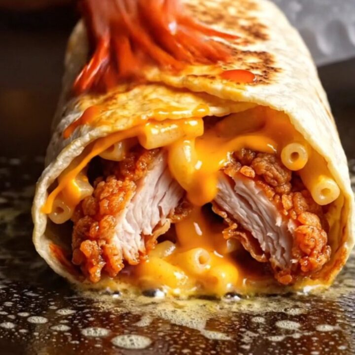 Nashville hot chicken mac and cheese burrito sliced open, stretching cheddar mac around crispy cayenne chicken