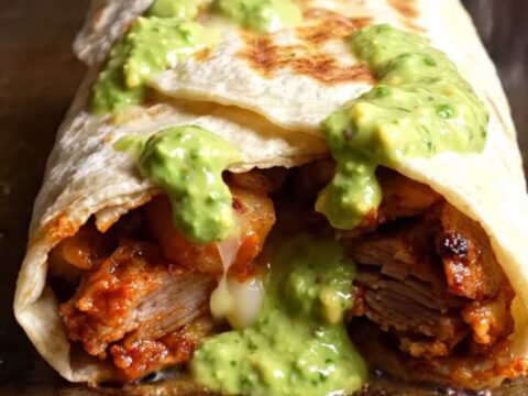 Al pastor pork burrito cut in half showing red pork, creamy elote rice, charred corn and melted Oaxaca cheese