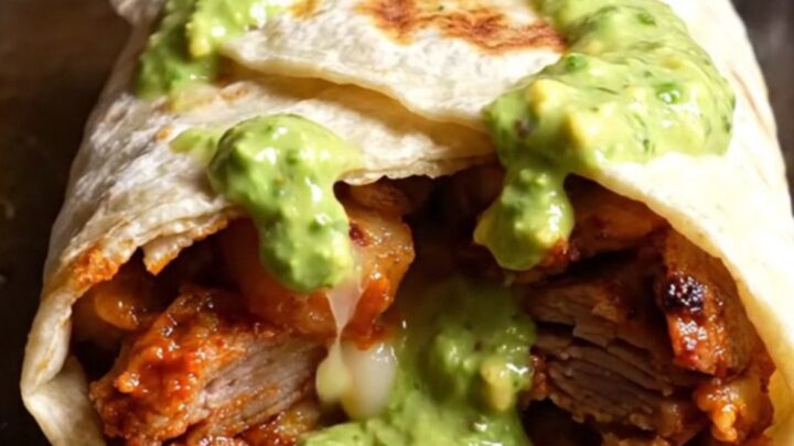 Al pastor pork burrito cut in half showing red pork, creamy elote rice, charred corn and melted Oaxaca cheese