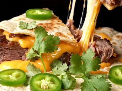Golden smoked brisket quesadilla wedges stacked on a board, melted cheese pulling in strands