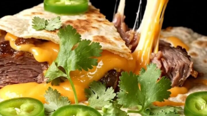 Golden smoked brisket quesadilla wedges stacked on a board, melted cheese pulling in strands