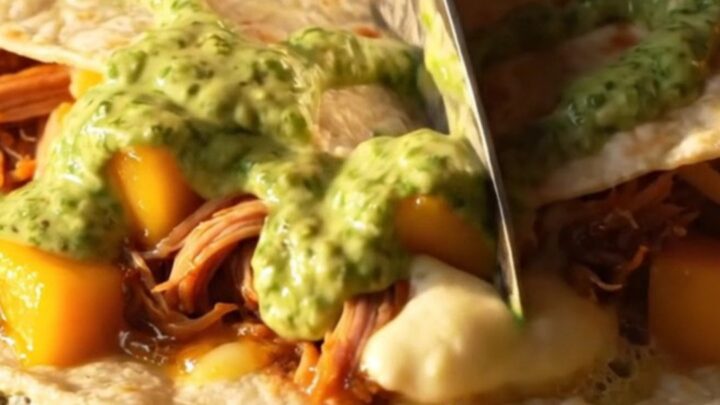 Golden blistered quesadilla wedges stretching molten pepper jack over chipotle pork and glossy mango cubes