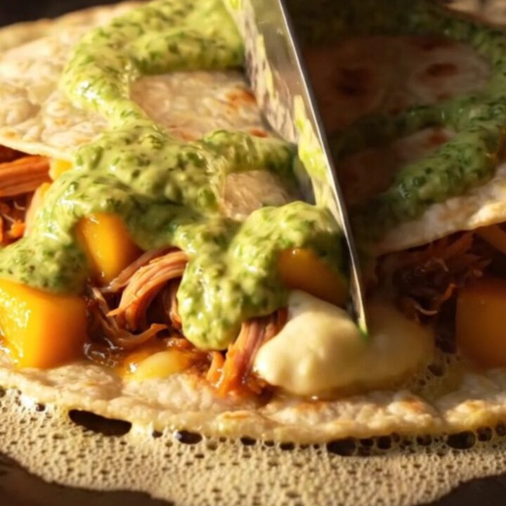 Golden blistered quesadilla wedges stretching molten pepper jack over chipotle pork and glossy mango cubes