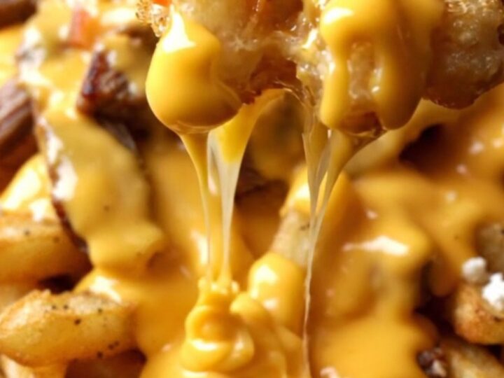 Loaded waffle fry nachos in a cast-iron skillet, molten jalapeño queso and charred steak cubes topping golden fries