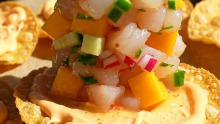 Shrimp and mango ceviche tower on a corn tostada with avocado fans, radish matchsticks, and a chamoy drizzle