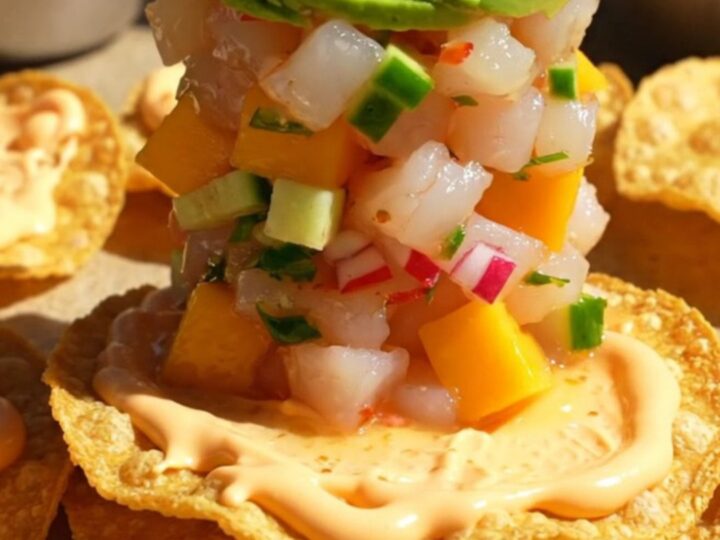 Shrimp and mango ceviche tower on a corn tostada with avocado fans, radish matchsticks, and a chamoy drizzle