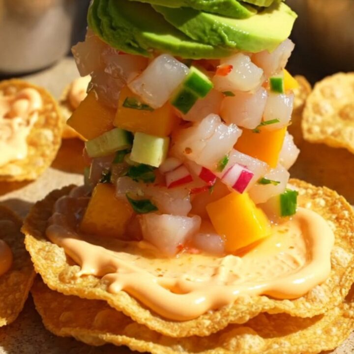 Shrimp and mango ceviche tower on a corn tostada with avocado fans, radish matchsticks, and a chamoy drizzle