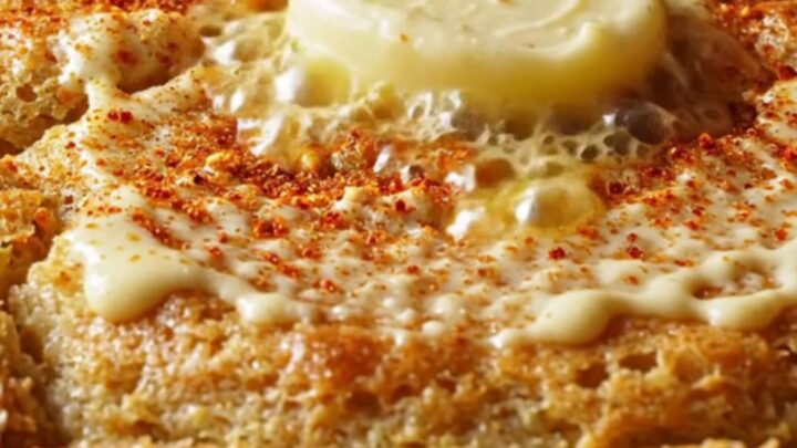 Golden wedge of elote skillet cornbread with charred corn, melted cheese, and melting honey jalapeño butter