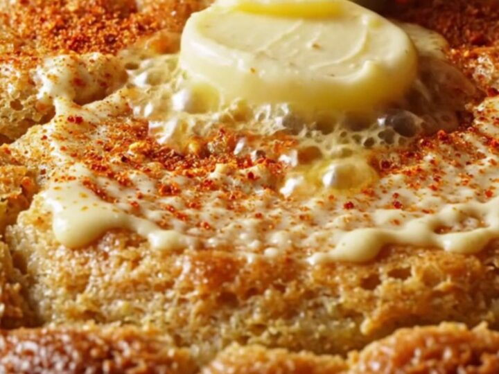 Golden wedge of elote skillet cornbread with charred corn, melted cheese, and melting honey jalapeño butter
