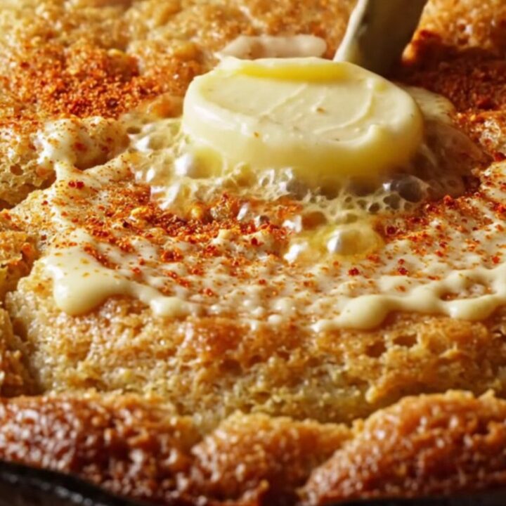Golden wedge of elote skillet cornbread with charred corn, melted cheese, and melting honey jalapeño butter