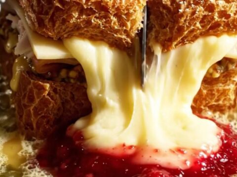 Golden puffed Monte Cristo melt dusted with powdered sugar, one corner dipped in ruby raspberry jam