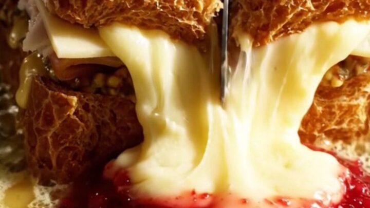 Golden puffed Monte Cristo melt dusted with powdered sugar, one corner dipped in ruby raspberry jam