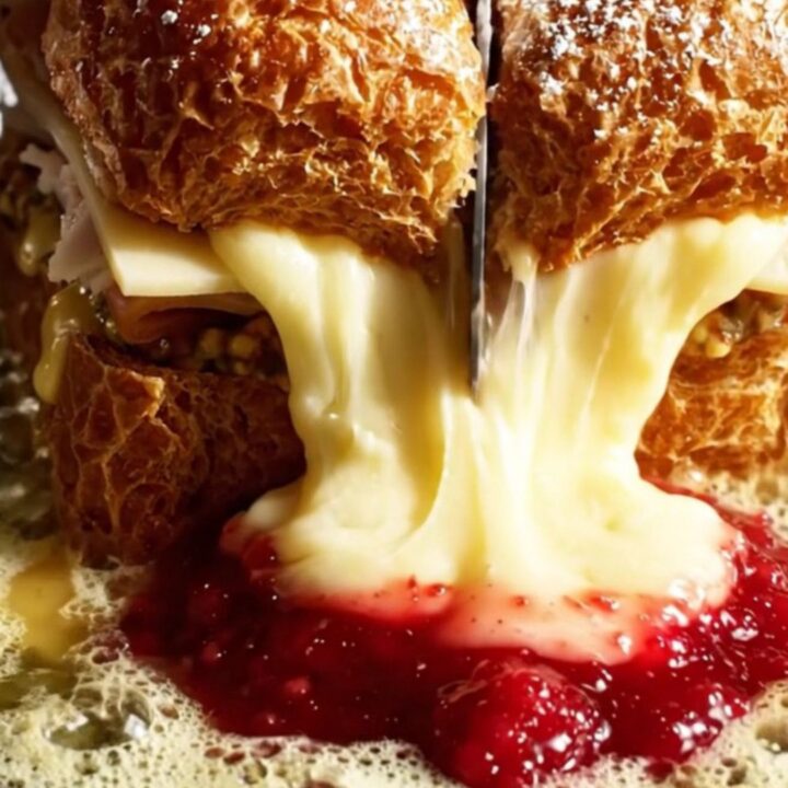 Golden puffed Monte Cristo melt dusted with powdered sugar, one corner dipped in ruby raspberry jam