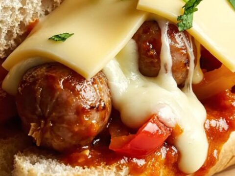 Slow-cooker Italian sausage, peppers, and onions in glossy marinara stuffed into toasted hoagie rolls under melted provolone