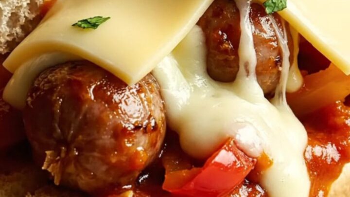 Slow-cooker Italian sausage, peppers, and onions in glossy marinara stuffed into toasted hoagie rolls under melted provolone