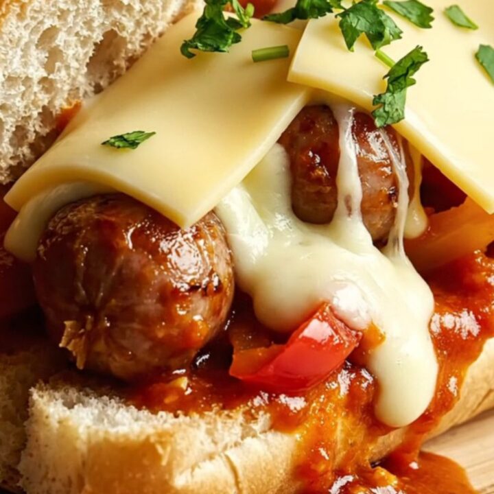Slow-cooker Italian sausage, peppers, and onions in glossy marinara stuffed into toasted hoagie rolls under melted provolone