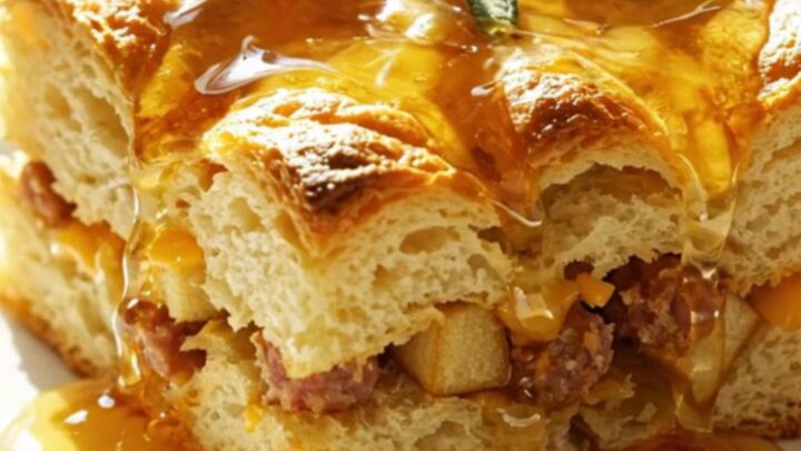 Golden slow-cooker maple apple sausage breakfast casserole square drizzled with warm maple syrup on a cream plate