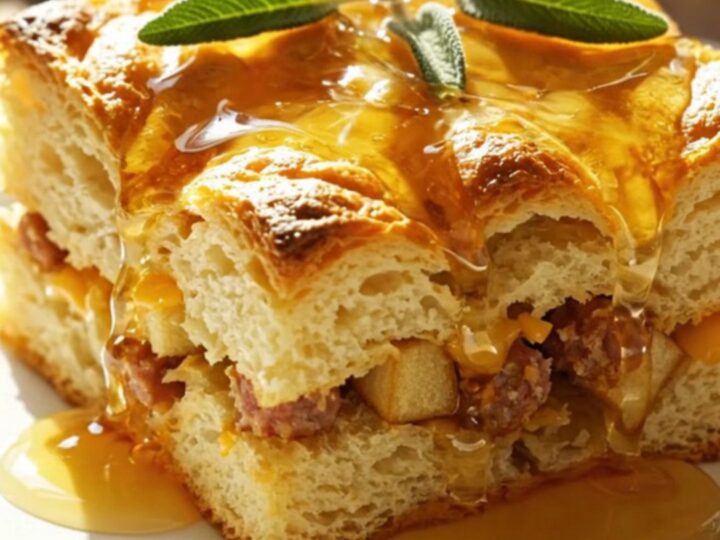 Golden slow-cooker maple apple sausage breakfast casserole square drizzled with warm maple syrup on a cream plate