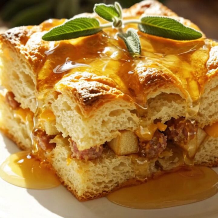 Golden slow-cooker maple apple sausage breakfast casserole square drizzled with warm maple syrup on a cream plate