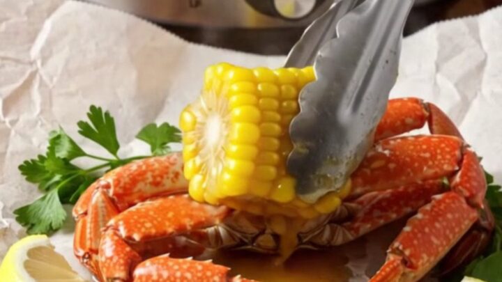 Steaming Cajun seafood boil with crab clusters, shrimp, corn ribs and potatoes glazed in red-gold garlic butter on butcher