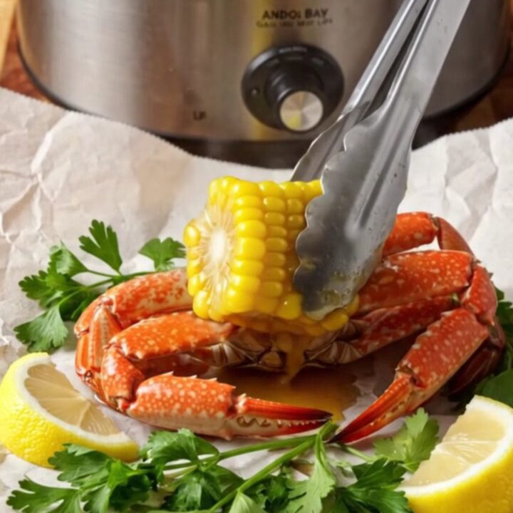 Steaming Cajun seafood boil with crab clusters, shrimp, corn ribs and potatoes glazed in red-gold garlic butter on butcher