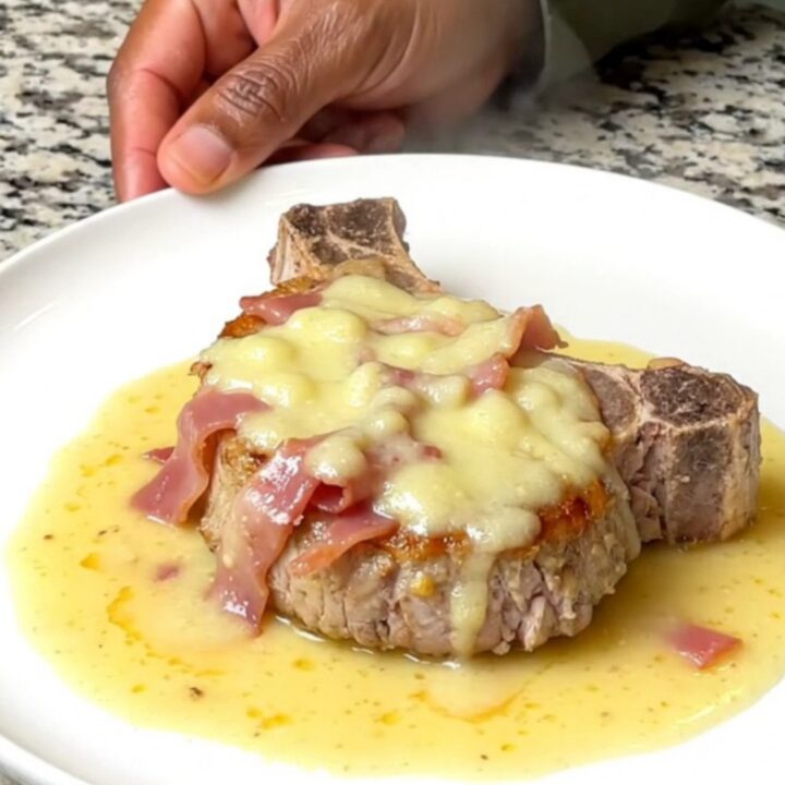Tender slow-cooked pork chop topped with soft ham and melted Swiss cheese under a thick creamy sauce