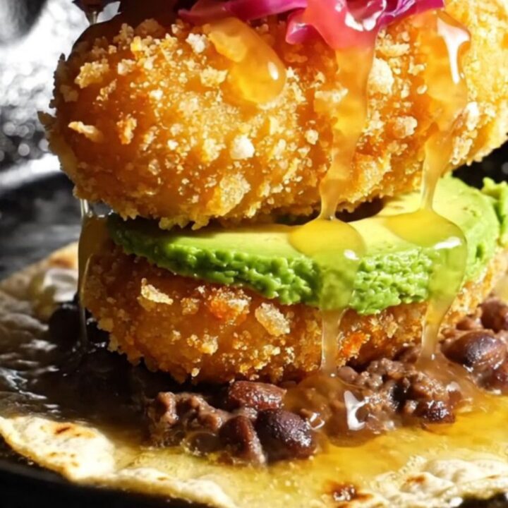 Crispy fried avocado tacos drizzled with golden habanero hot honey in charred corn tortillas with pickled red cabbage