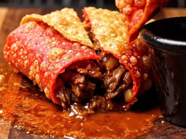 Cross-section of a birria crunchwrap supreme showing layers of shredded beef birria, molten queso