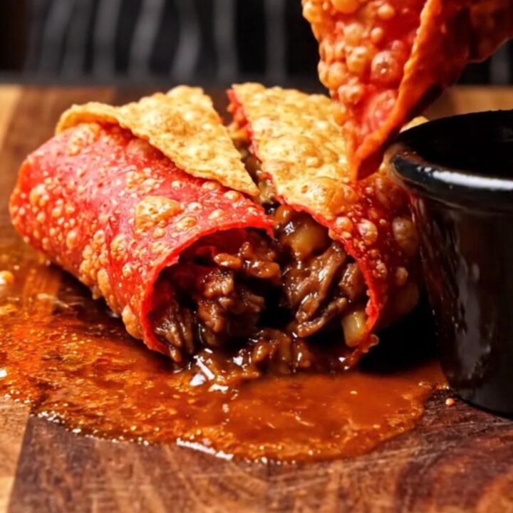 Cross-section of a birria crunchwrap supreme showing layers of shredded beef birria, molten queso