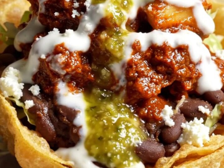 Crispy handmade sope with pinched golden rim overflowing with refried black beans, chicken tinga, lettuce