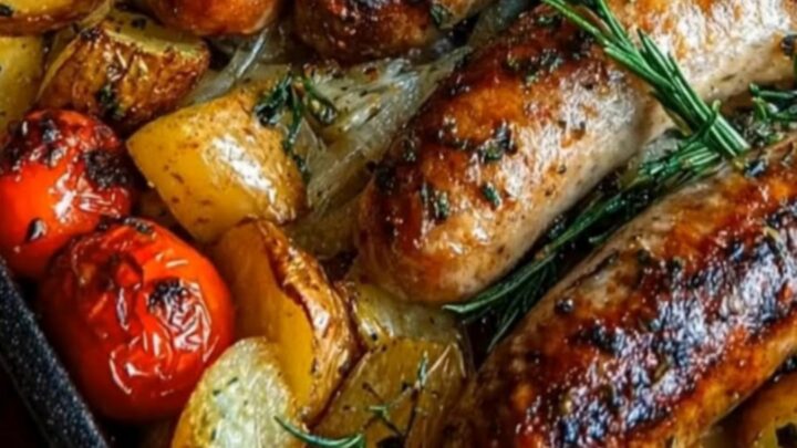 Golden-brown sausages, crispy roasted potatoes and blistered cherry tomatoes in a rustic black roasting pan with rosemary