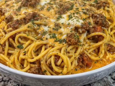 Bol de spaghetti bolognaise crémeuse nappés de fromage doré filant, persil ciselé sur le dessus