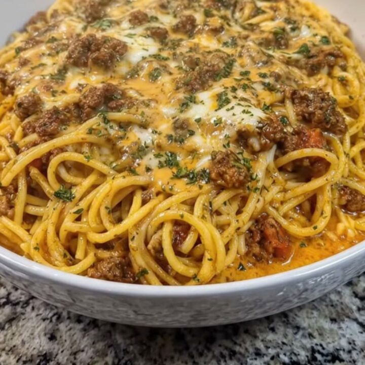 Bol de spaghetti bolognaise crémeuse nappés de fromage doré filant, persil ciselé sur le dessus
