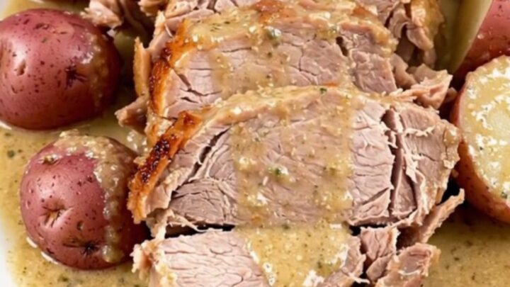 Sliced creamy ranch pork roast with halved red potatoes and glossy sauce on a white plate, steaming