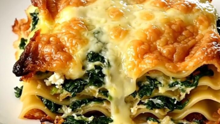 Finished slow cooker lasagna with creamy béchamel top, spinach and goat cheese layers, steaming on a white plate