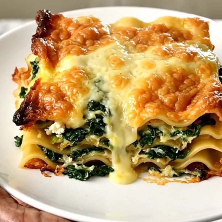 Finished slow cooker lasagna with creamy béchamel top, spinach and goat cheese layers, steaming on a white plate