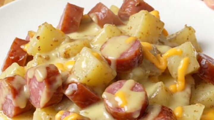 Crockpot cheddar garlic kielbasa and potatoes on a white plate